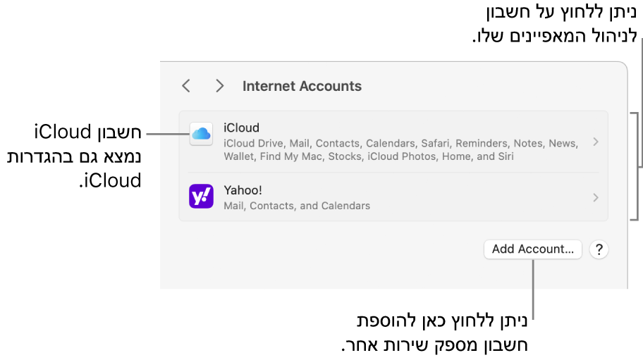 הגדרות ״חשבונות אינטרנט״ שבה רשימה שמציגה את החשבונות שמוגדרים ב‑Mac.