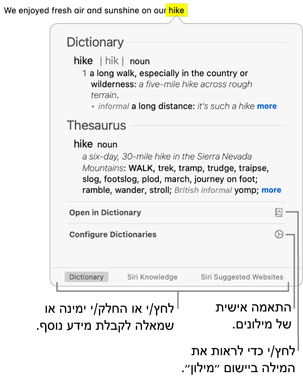 החלון ״חיפוש״ המציג הגדרות ״מילון״ ו״מילון מילים נרדפות (תזאורוס)״ עבור מילה.