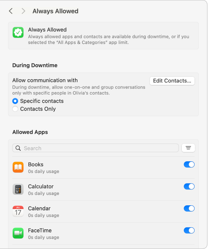 स्क्रीन टाइम में “हमेशा अनुमति है” सेटिंग्ज़, जिसमें डाउनटाइम संपर्क विकल्प चयनित हैं और स्थिति के अनुसार सॉर्ट किए गए अनुमति-प्राप्त ऐप्स हैं।