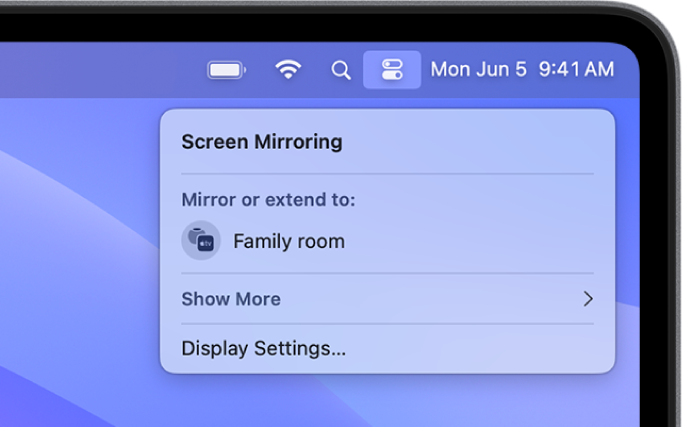 कंट्रोल सेंटर में सूचीबद्ध स्क्रीन मिररिंग विकल्प जिनमें Apple TV शामिल है।