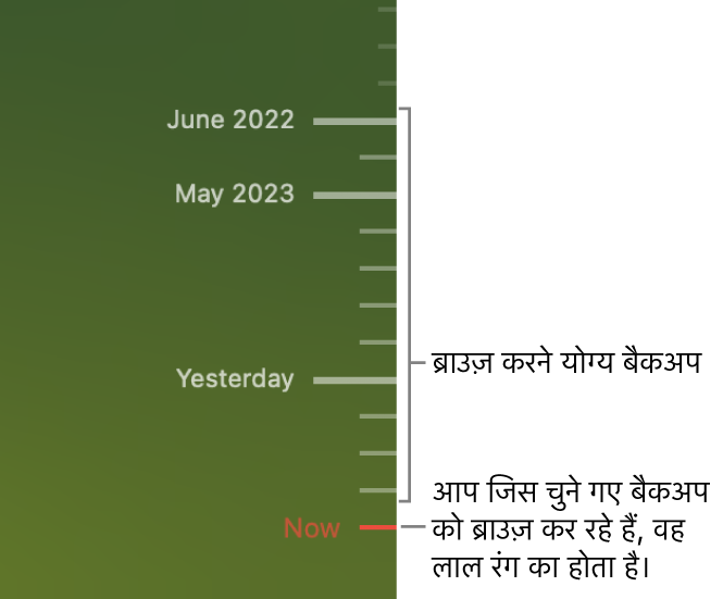 बैकअप समयरेखा में टिक मार्क। लाल टिक मार्क आपके द्वारा ब्राउज़ किए जाने वाले बैकअप को इंगित करता है।