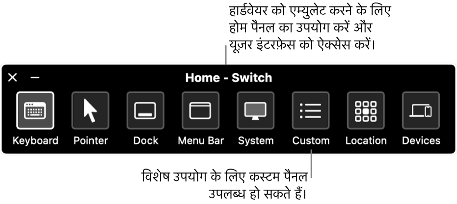 स्विच कंट्रोल होम पैनल जिसमें कीबोर्ड, पॉइंटर, Dock, मेनू बार, सिस्टम नियंत्रण, कस्टम पैनल, स्क्रीन स्थान और अन्य डिवाइस को नियंत्रित करने के बटन बाएँ से दाएँ शामिल होते हैं।