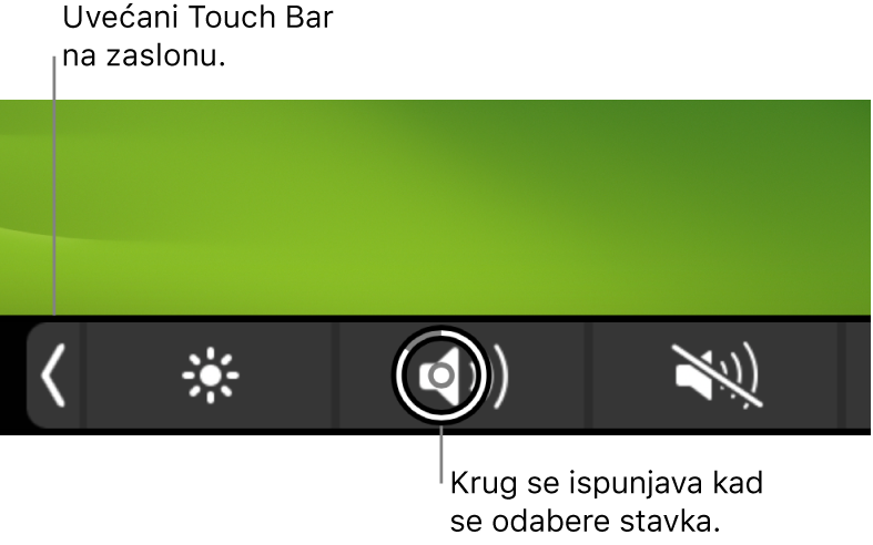 Zumirani Touch Bar duž dna zaslona; krug preko tipke ispunjava se kad je tipka odabrana.