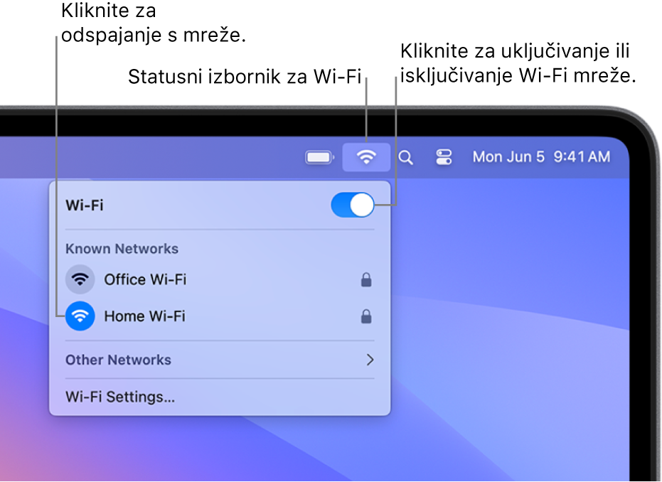 Izbornik Wi-Fi statusa s prikazom tipke Uključi/isključi Wi-Fi, osobnog hotspota i dviju poznatih mreža.