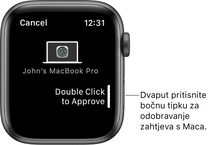 Apple Watch prikazuje zahtjev za odobrenjem iz računala MacBook Pro.