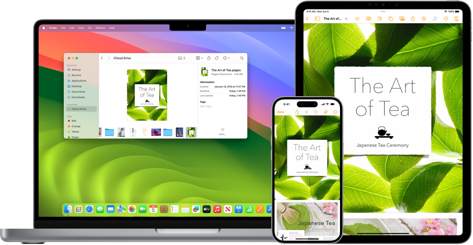 Ugyanaz a Pages-dokumentum jelenik meg az iCloud Drive-ban a Mac Finder-ablakában és az iPhone vagy iPad Pages appjában.