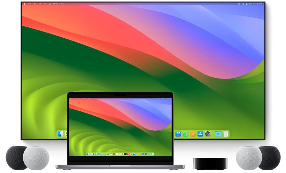 Egy Mac és eszközök, amelyekre képes streamelni az AirPlay használatára – például egy Apple TV, HomePod mini hangszórók és egy okostévé.