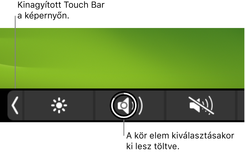A felnagyított Touch Bar a képernyő alján; a kör a gombon kitöltésre kerül, amikor a gombot kijelölik.