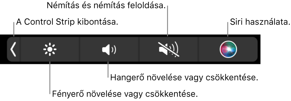 A visszazárt Control Strip gombokat tartalmaz, amelyek (balról jobbra) a következők: a Control Strip kibontása, a képernyő fényerejének és a hangerőnek a növelése és csökkentése, a némítás, a némítás feloldása, valamint a Siri használata.