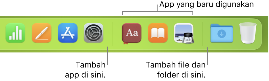 Sebagian Dock menampilkan garis pemisah antara app, app yang baru digunakan, dan file serta folder.