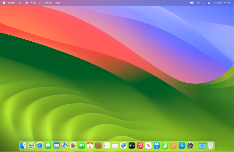 Layar Mac menampilkan bar menu di bagian atas, desktop di tengah, dan Dock di sepanjang bagian bawah.