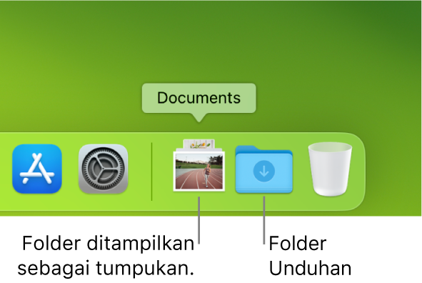 Ujung kanan Dock menampilkan folder yang ditampilkan sebagai tumpukan dan folder Unduhan ditampilkan sebagai folder.