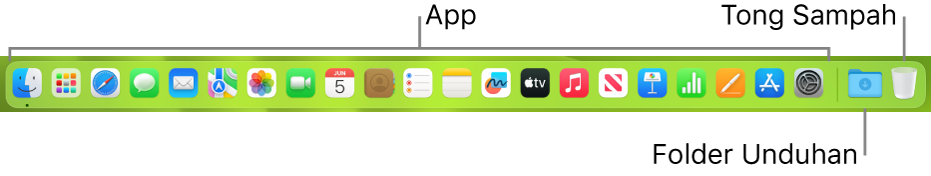 Dock menampilkan ikon untuk app, tumpukan Unduhan, dan Tong Sampah.