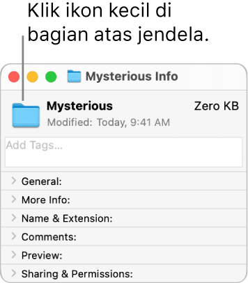 Jendela Info untuk folder lainnya, menampilkan ikon generik yang dipilih.