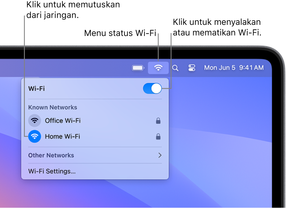 Menu status Wi-Fi, menampilkan tombol Wi-Fi nyala/mati, Hotspot Pribadi, dan jaringan yang dikenali.