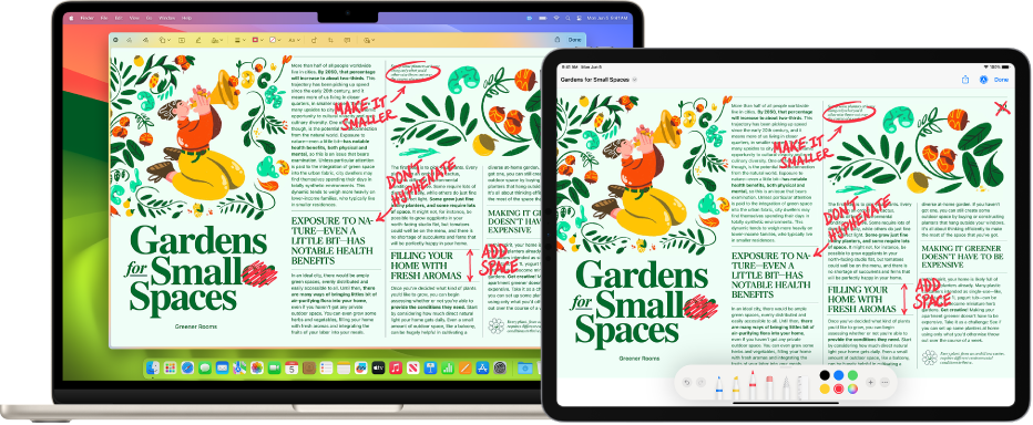 MacBook Air dan iPad berdampingan. Kedua layar menampilkan artikel yang penuh dengan pengeditan berwarna merah yang ditulis tangan, seperti kalimat yang dicoret, panah, dan tambahan kata. iPad juga memiliki kontrol markah di bagian bawah layar.