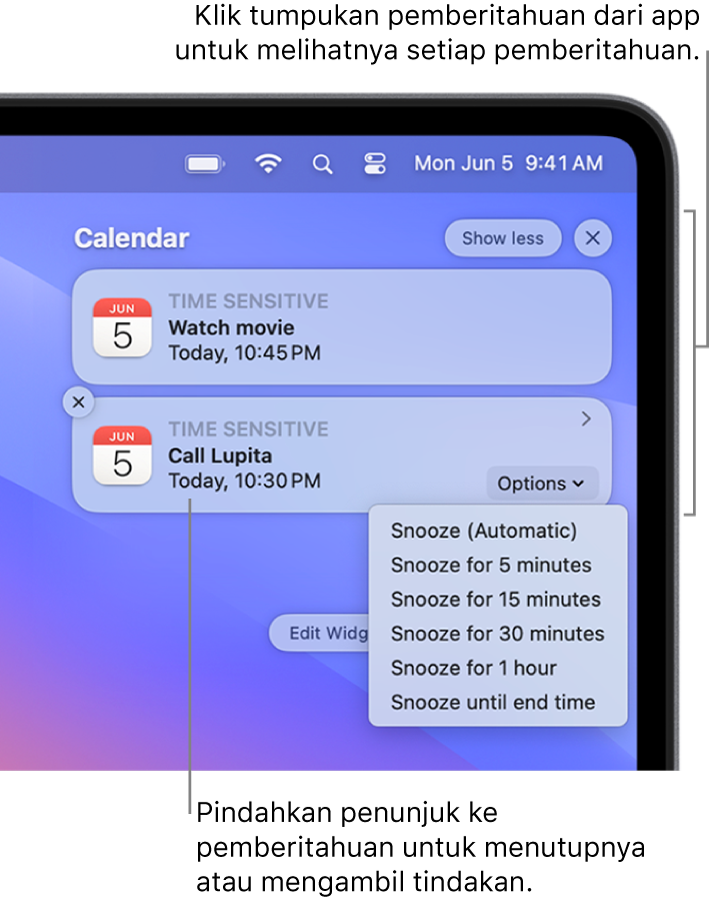 Pemberitahuan app di pojok kanan atas desktop, termasuk tumpukan terbuka dari dua pemberitahuan Pengingat dengan tombol “Tampilkan lebih sedikit” untuk menciutkan tumpukan, dan satu pemberitahuan Kalender dengan tombol Tunda.