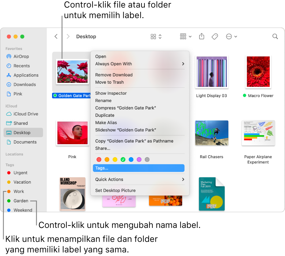 Jendela Finder berisi file dan folder berlabel, dengan file dipilih. Di menu pintasan, terdapat pilihan warna untuk label, dan Label disorot.