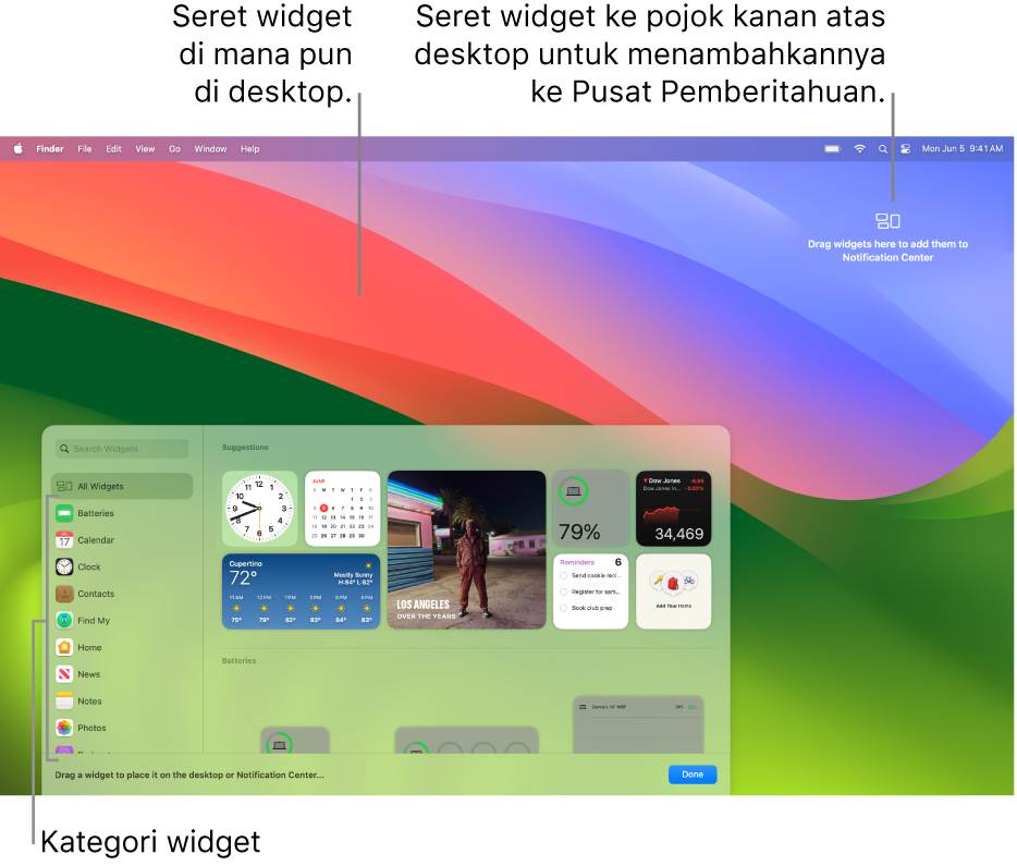 Galeri widget, menampilkan daftar kategori widget di sebelah kiri, dan widget yang tersedia di sebelah kanan.