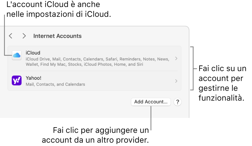 Impostazioni di Account Internet con l’elenco degli account che sono configurati sul Mac.