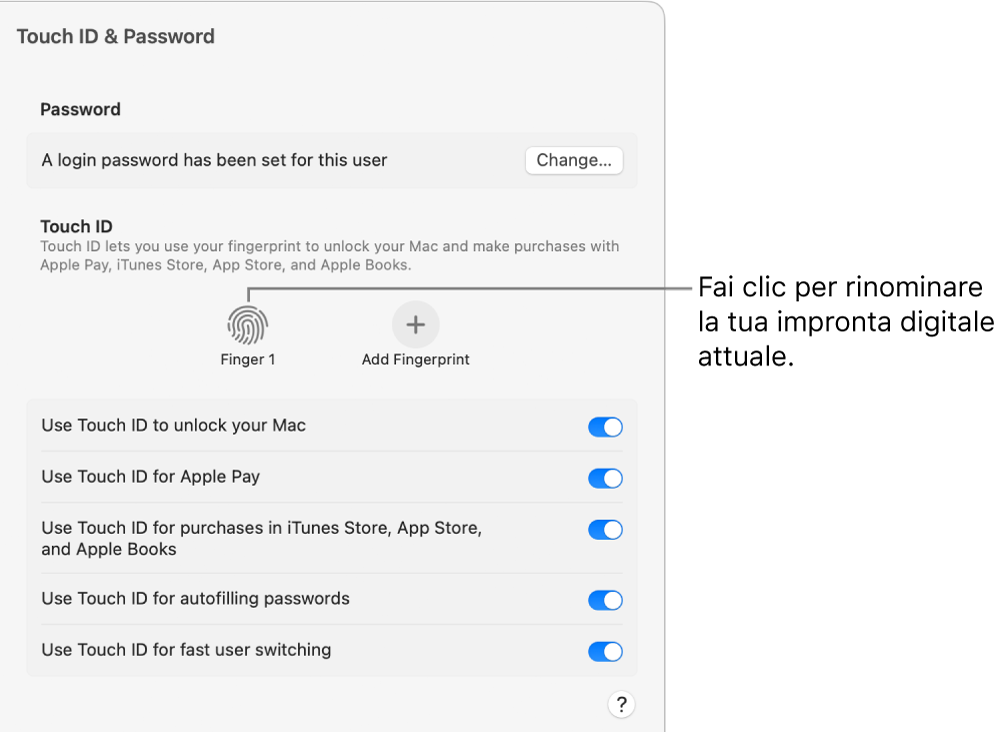 Le impostazioni “Touch ID e Password” che mostrano che l’impronta digitale è pronta e può essere utilizzata per sbloccare il Mac.
