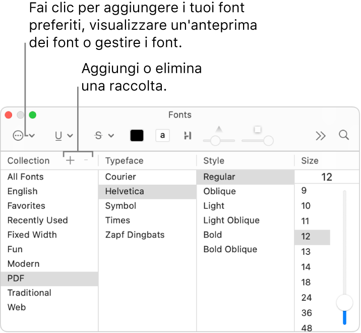 Con la finestra Font, aggiungi o elimina rapidamente le raccolte, cambia il colore dei font o esegui azioni quali l’anteprima o la gestione dei font o l’aggiunta ai preferiti.