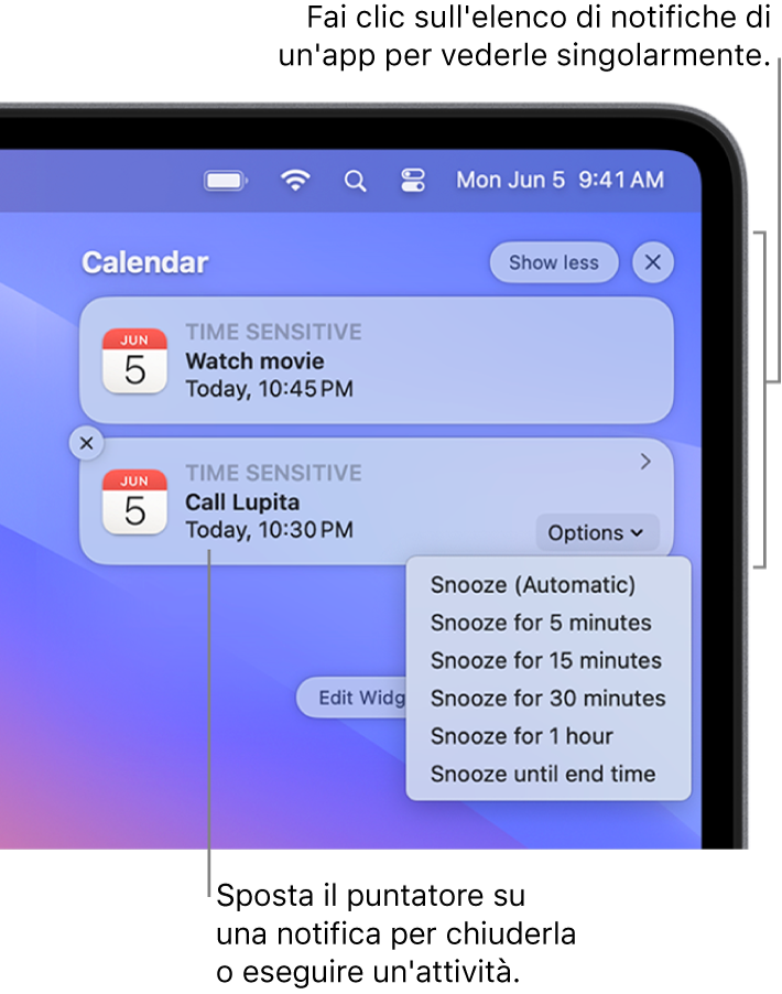 Notifiche di app nell’angolo in alto a destra del desktop, inclusa una pila aperta di due notifiche di Promemoria con un pulsante “Mostra meno” per contrarre la pila e una notifica di Calendario con un pulsante Ritarda.