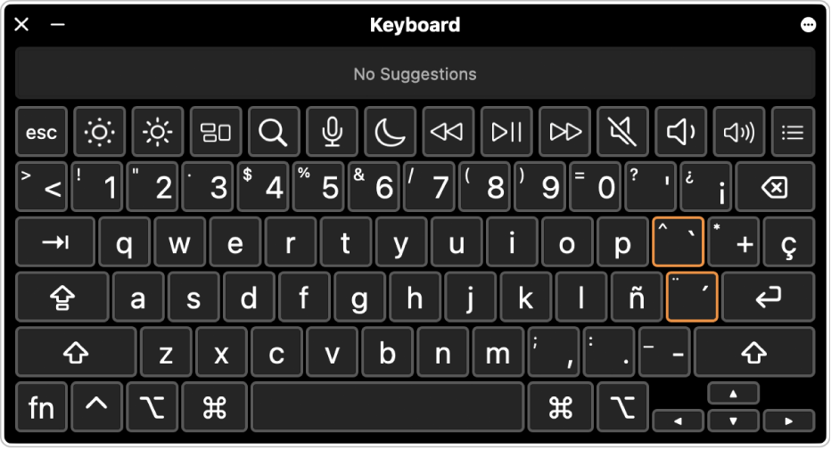 Visore tastiera con il layout di tastiera spagnolo.