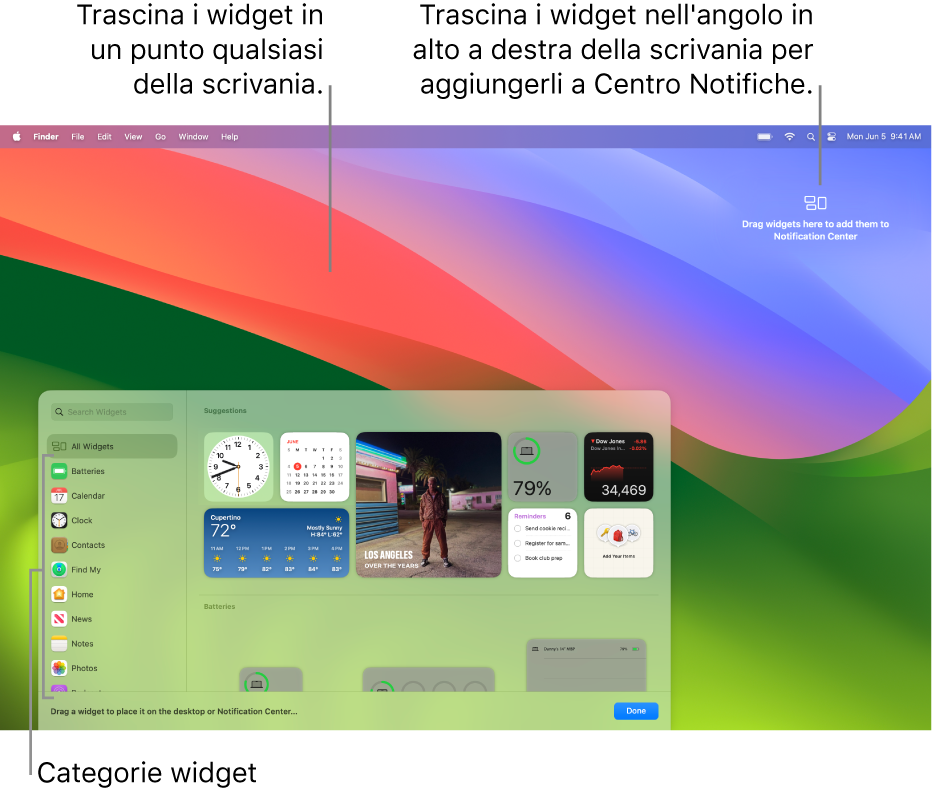 La galleria dei widget che mostra l’elenco delle categorie sulla sinistra e i widget disponibili sulla destra.