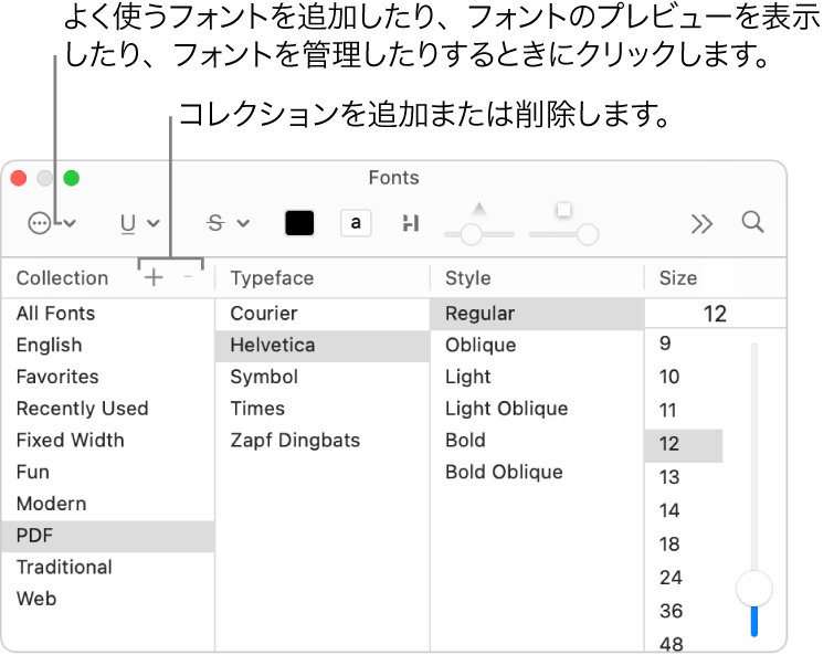 コレクションの追加と削除、フォントの色変更、フォントのプレビューと管理、「よく使う項目」へのフォントの追加などの操作がすばやくできる「フォント」ウインドウ。