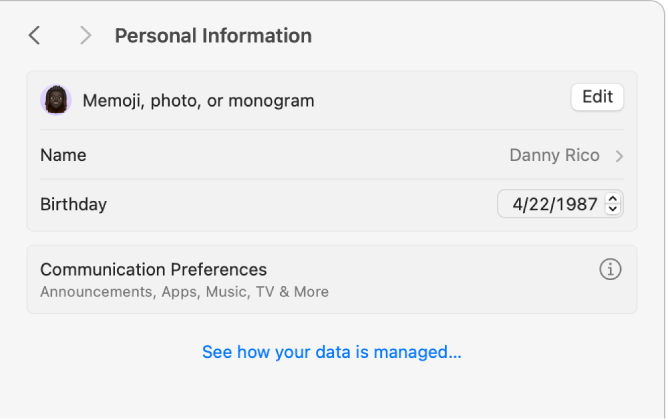 「Apple ID」設定。既存のアカウントの「写真、名前、生年月日」設定が表示されています。