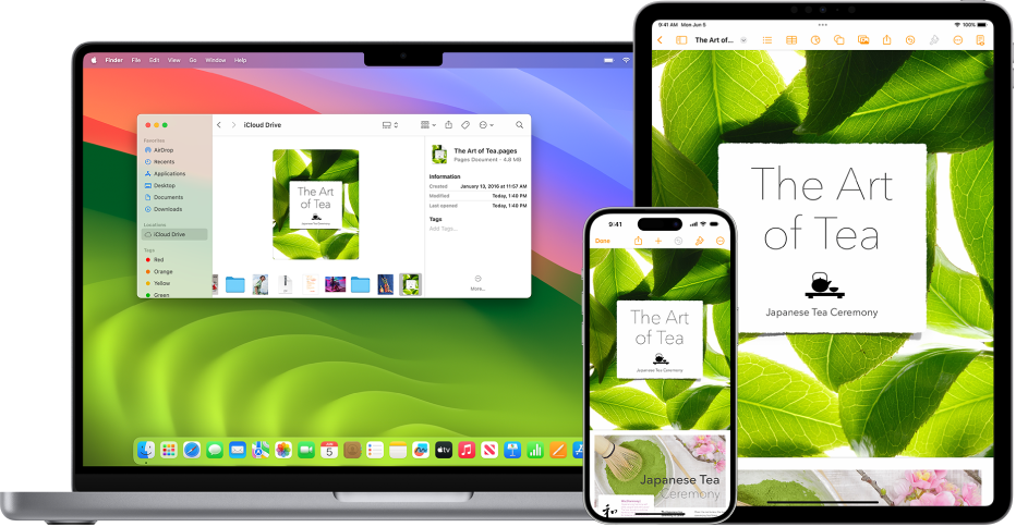Mac의 Finder 윈도우의 iCloud Drive와, iPhone과 iPad의 Pages 앱에 동일한 Pages 문서가 표시되어 있음.