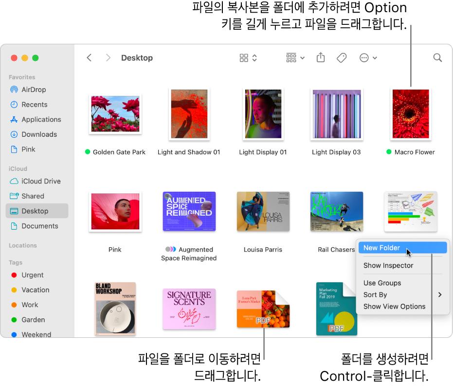 파일과 폴더가 있는 Finder 윈도우. 단축 메뉴에 새로운 폴더가 하이라이트되어 있음.