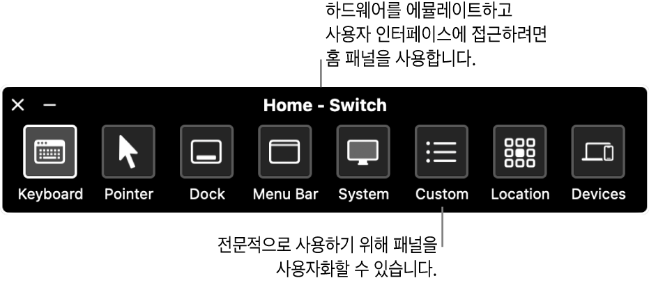 왼쪽에서 오른쪽으로 나타나는 키보드, 포인터, Dock, 메뉴 막대, 시스템 제어기, 사용자 설정 패널, 화면 위치 및 기타 기기를 제어하는 버튼을 포함하는 스위치 제어 홈 패널.