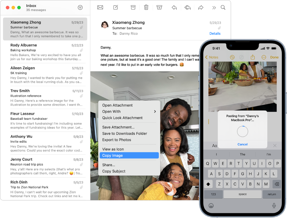 Mail 윈도우가 열려 있고, 사진과 그 위에 ‘이미지 복사하기’가 선택된 것을 보여주는 메시지가 있음. 오른쪽에 MacBook Pro에서 붙여넣은 이미지가 표시된 iPhone.