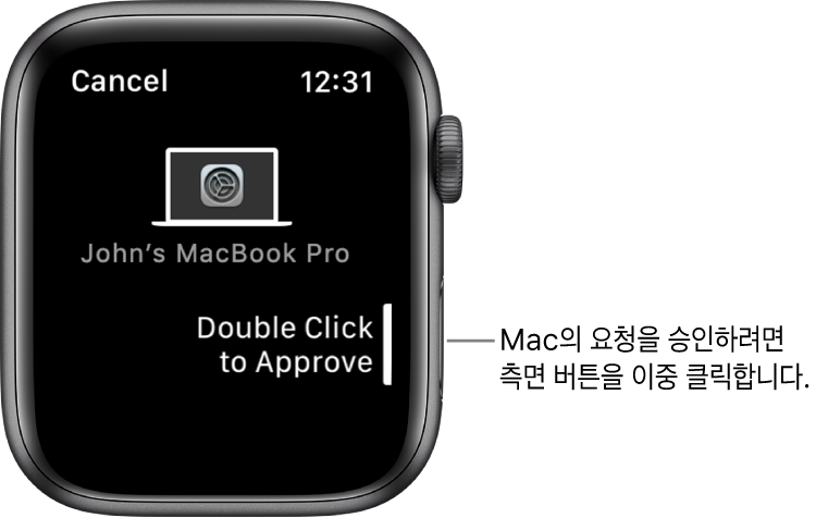 MacBook Pro의 승인 요청을 표시하는 Apple Watch.