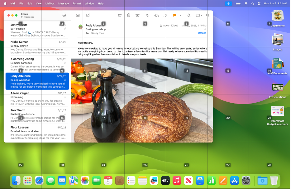 App Mail dibuka pada desktop Mac, dengan grid yang bertindih di atasnya. Grid membahagikan desktop kepada tujuh lajur dan empat baris, serta setiap sel dinomborkan 1 sehingga 28. Tetingkap maklum balas terletak di sebelah kanan tetingkap Mail.