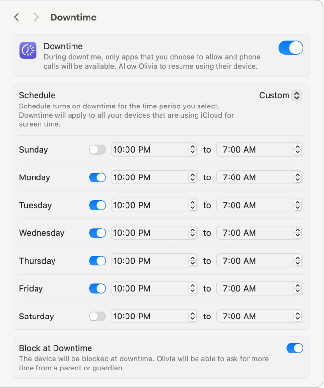 Seting Masa Henti dalam Masa Skrin dengan Masa Henti diaktifkan. Jadual masa henti tersuai untuk setiap hari dalam minggu disediakan dan pilihan untuk menyekat peranti pada masa henti diaktifkan.