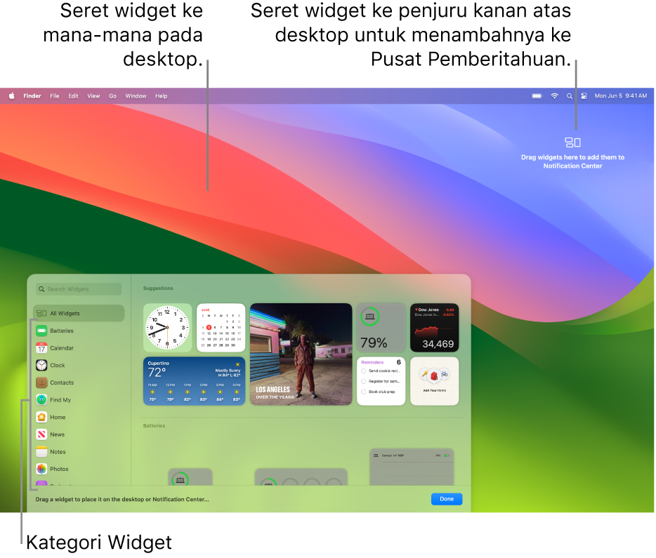 Galeri widget, menunjukkan senarai kategori widget di sebelah kiri dan widget yang tersedia di sebelah kanan.