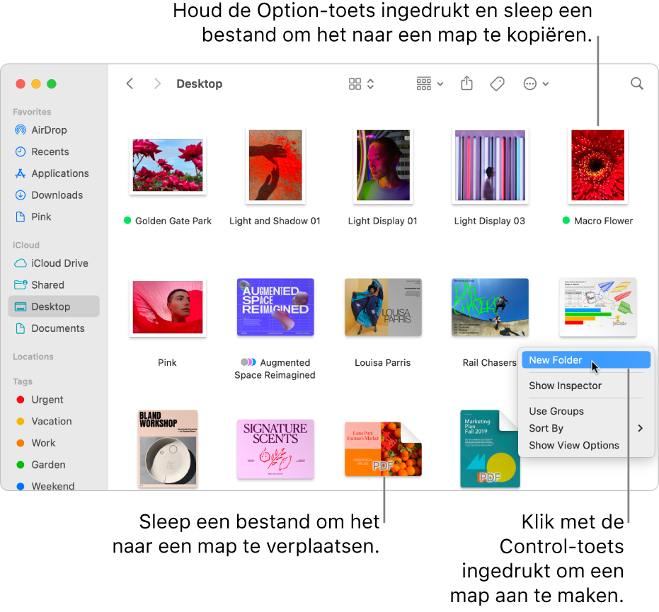 Een Finder-venster met bestanden en mappen. In het contextuele menu is 'Nieuwe map' gemarkeerd.