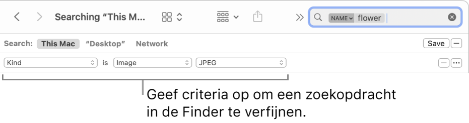 Een Finder-venster met velden voor het opgeven van zoekcriteria.