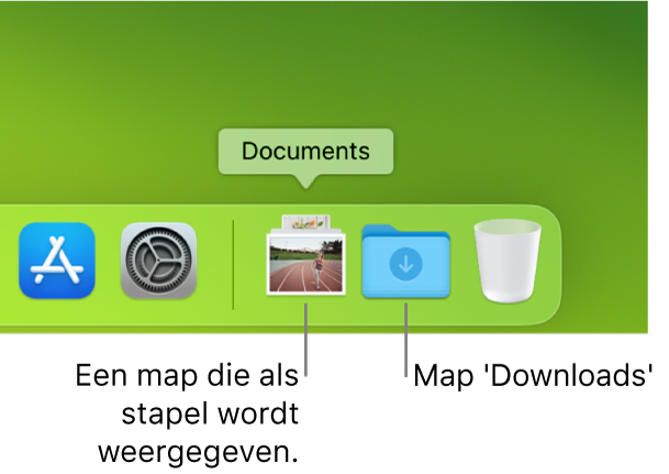 Een map rechts in het Dock wordt als stapel weergegeven en de map 'Downloads' wordt als map weergegeven.