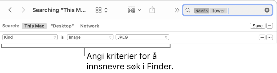 Et Finder-vindu med felt for å spesifisere søkekriterier.