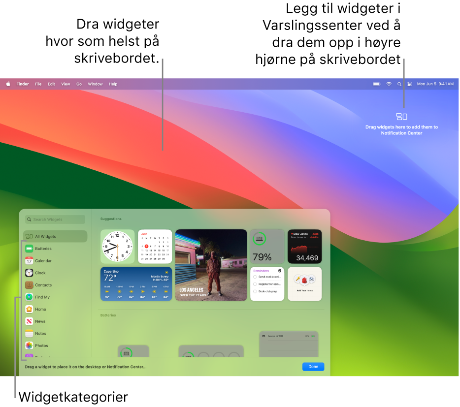 Widget-galleriet som viser en liste med widgetkategorier til venstre, og tilgjengelige widgeter til høyre.