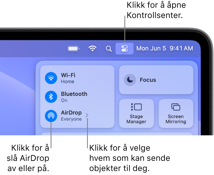 Et Kontrollsenter-vindu viser kontrollene for å slå AirDrop på eller av og velge hvem som kan sende objekter til deg.