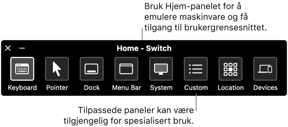 Hjem-panelet for Bryterkontroll inneholder – fra venstre til høyre – knapper til å styre tastatur, peker, Dock, menylinje, systemkontroller, tilpassede paneler, skjermplassering og andre enheter.