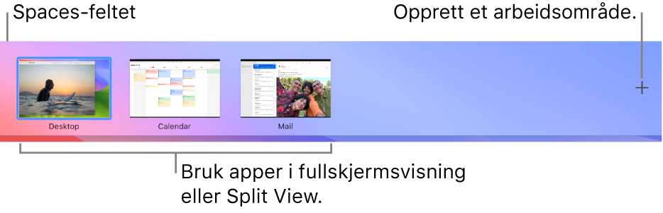 Spaces-feltet som viser et skrivebord, apper i fullskjermvisning og Split View-visning, og Legg til-knappen for å opprette et arbeidsområde.