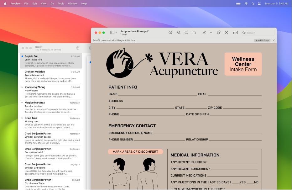 Et Mac-skrivebord som viser Mail-appen med et PDF-skjema åpent, klart til å fylles ut.
