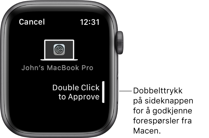 Apple Watch viser en godkjenningsforespørsel fra en MacBook Pro.