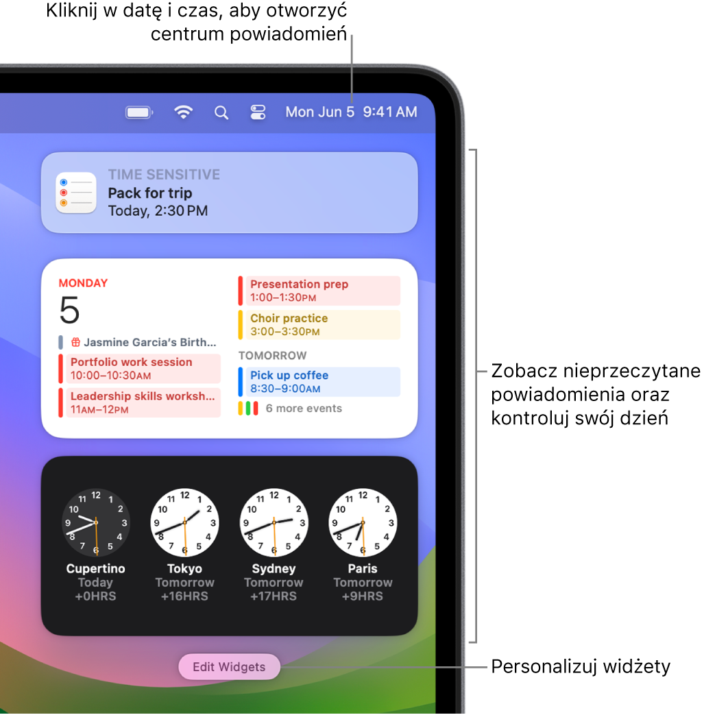 Powiadomienia i widżety w centrum powiadomień.